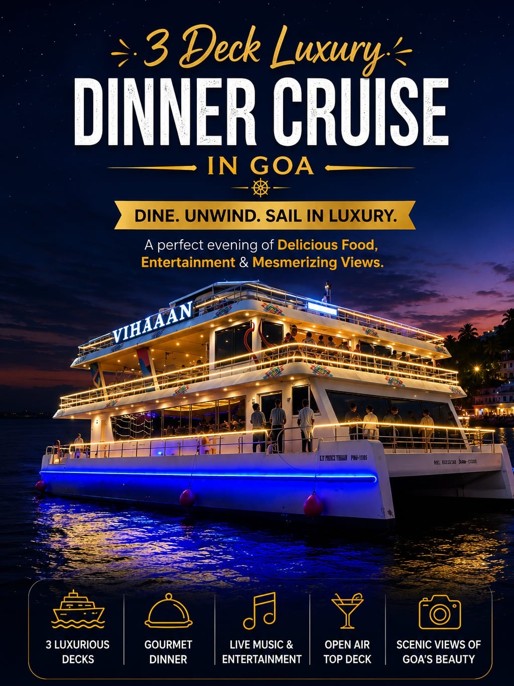 Goa's 3 Deck Family Dinner Cruise with Live DJ, Dance & Buffet Dinner