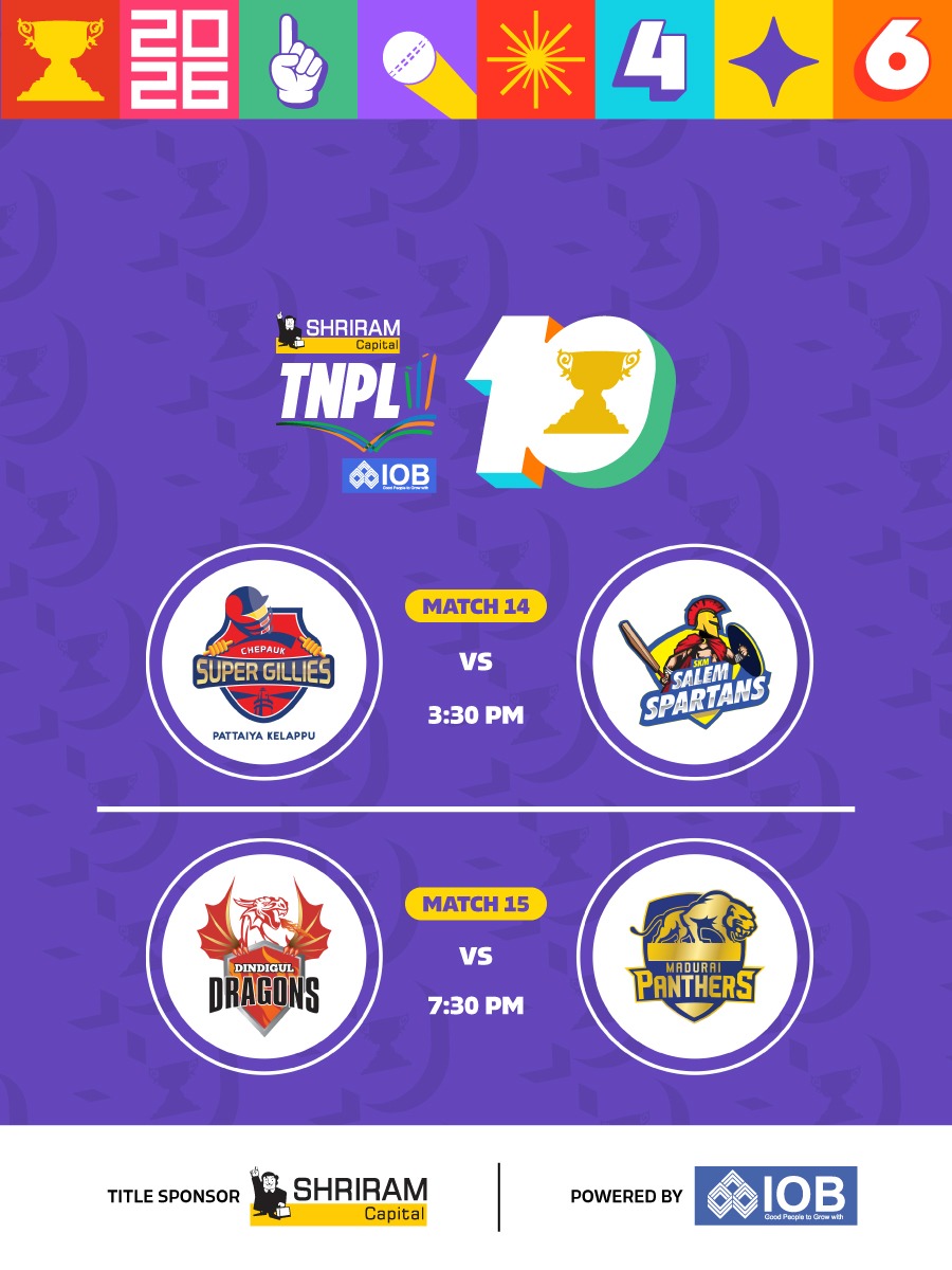 Shriram Capital TNPL 2026 - Match 14 Chepauk Super Gillies vs SKM Salem Spartans | Match 15 Dindigul Dragons vs Madurai Panthers